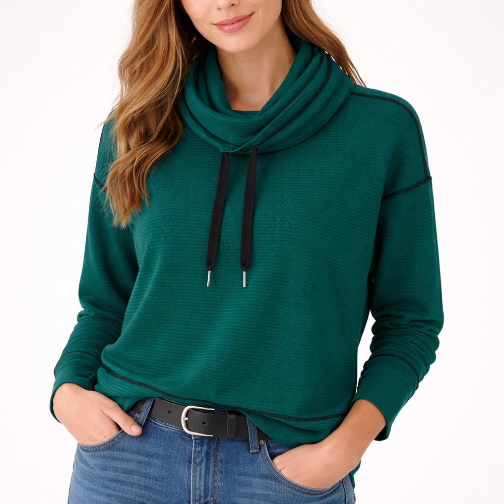 Waffle Knit Cowl Neck Sweater in Teal Green Medium